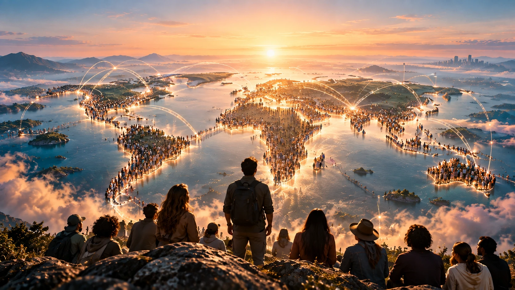 Pessoas no alto de um monte contemplam, ao nascer do sol, um mapa do mundo formado por multidões conectadas por linhas de luz.